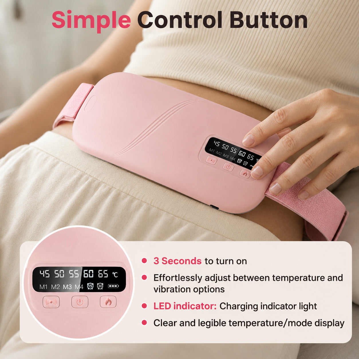 Kontrollpanel med temperatur- och vibrationsinställningar på menstruationsbälte med värmeterapi