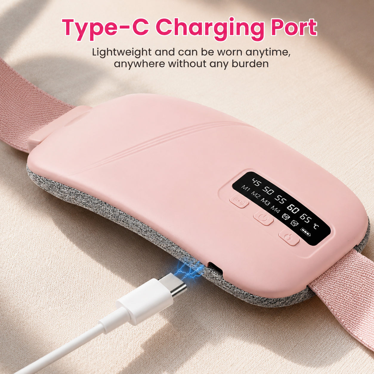 USB-C laddning på menstruationsbälte med digital temperaturdisplay och trådlös design