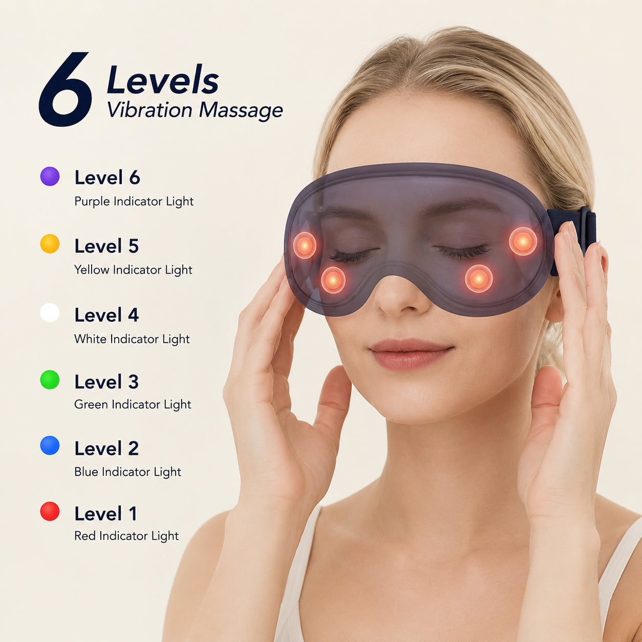Kvinna använder massageögonmask med sex vibrationsnivåer och färgindikatorer visade bredvid.