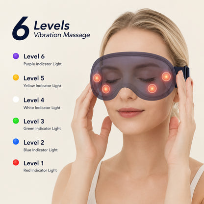 Kvinna använder massageögonmask med sex vibrationsnivåer och färgindikatorer visade bredvid.