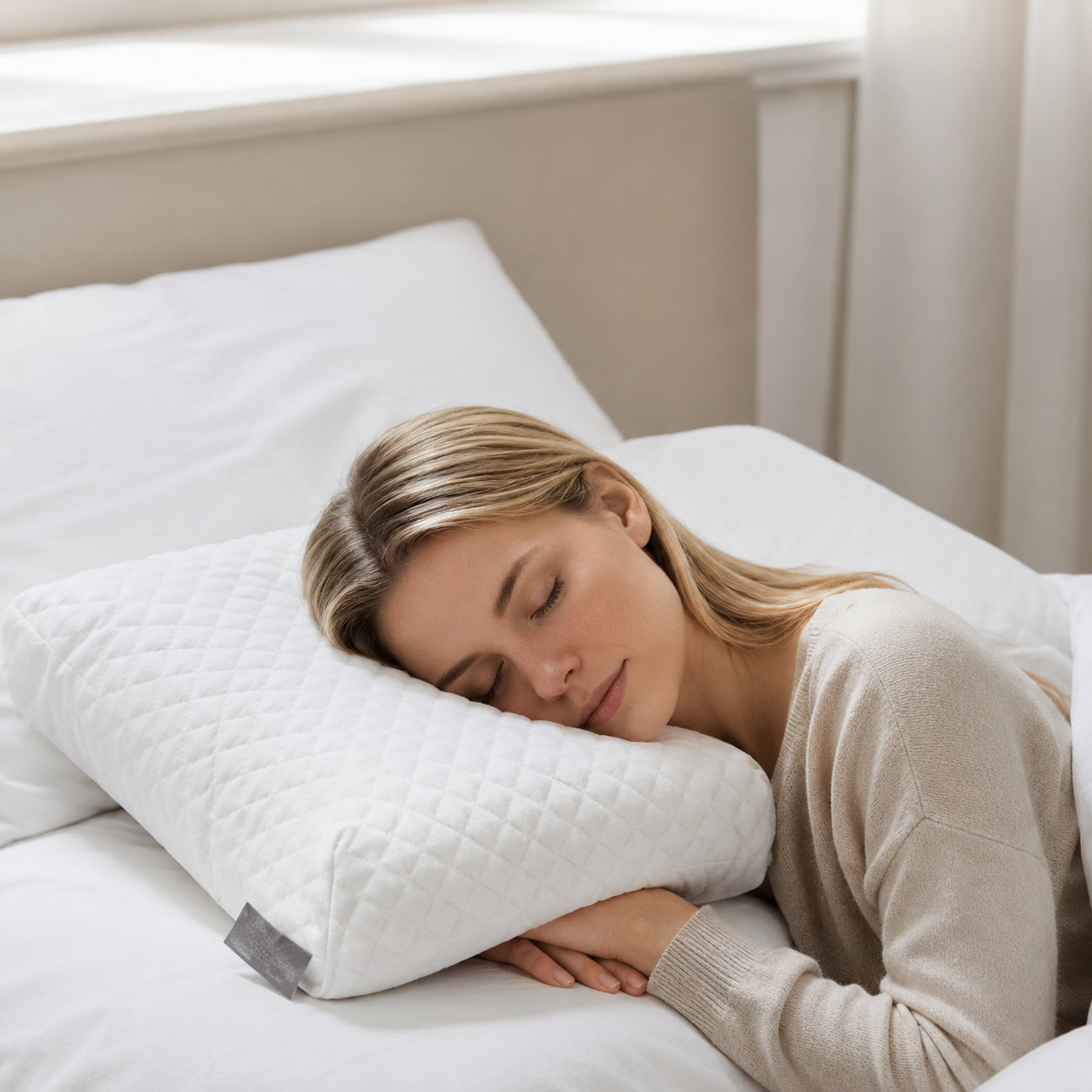 Skandinavisk kvinna som sover på en ergonomisk ortopedisk minnesskumskudde med konturerad design för stöd åt nacke och huvud.