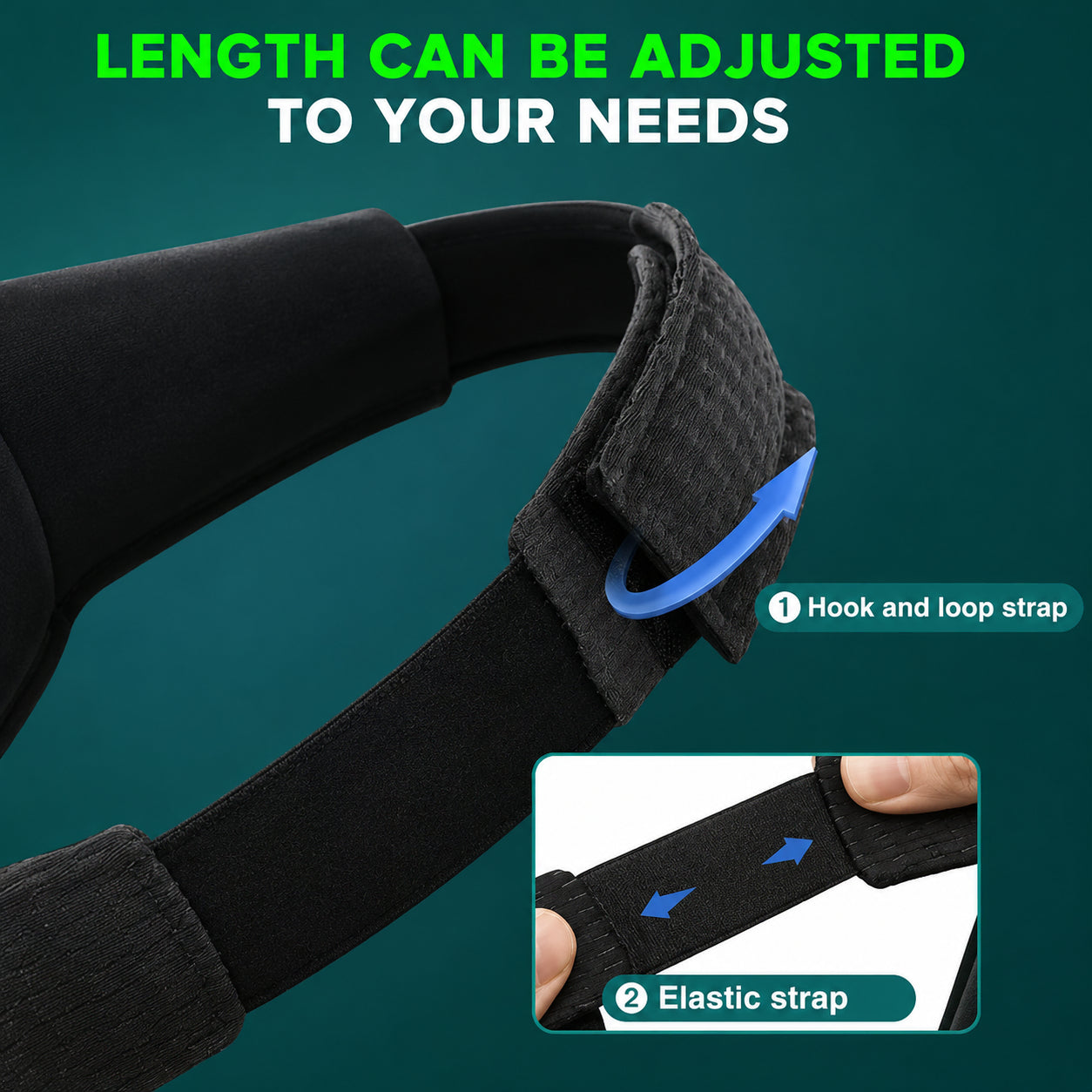 Justerbart elastiskt huvudband för 3D-sovmask med kardborrefäste.