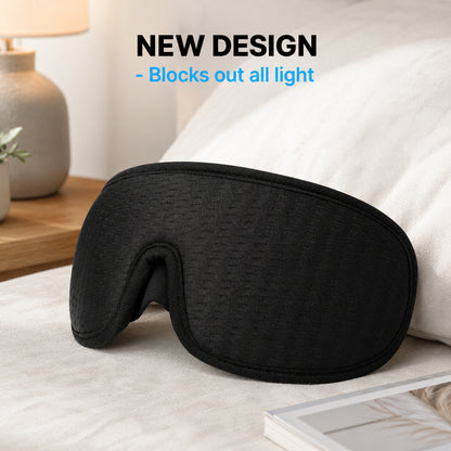 Svart 3D-sovmask som effektivt blockerar ljus för ostörd sömn.