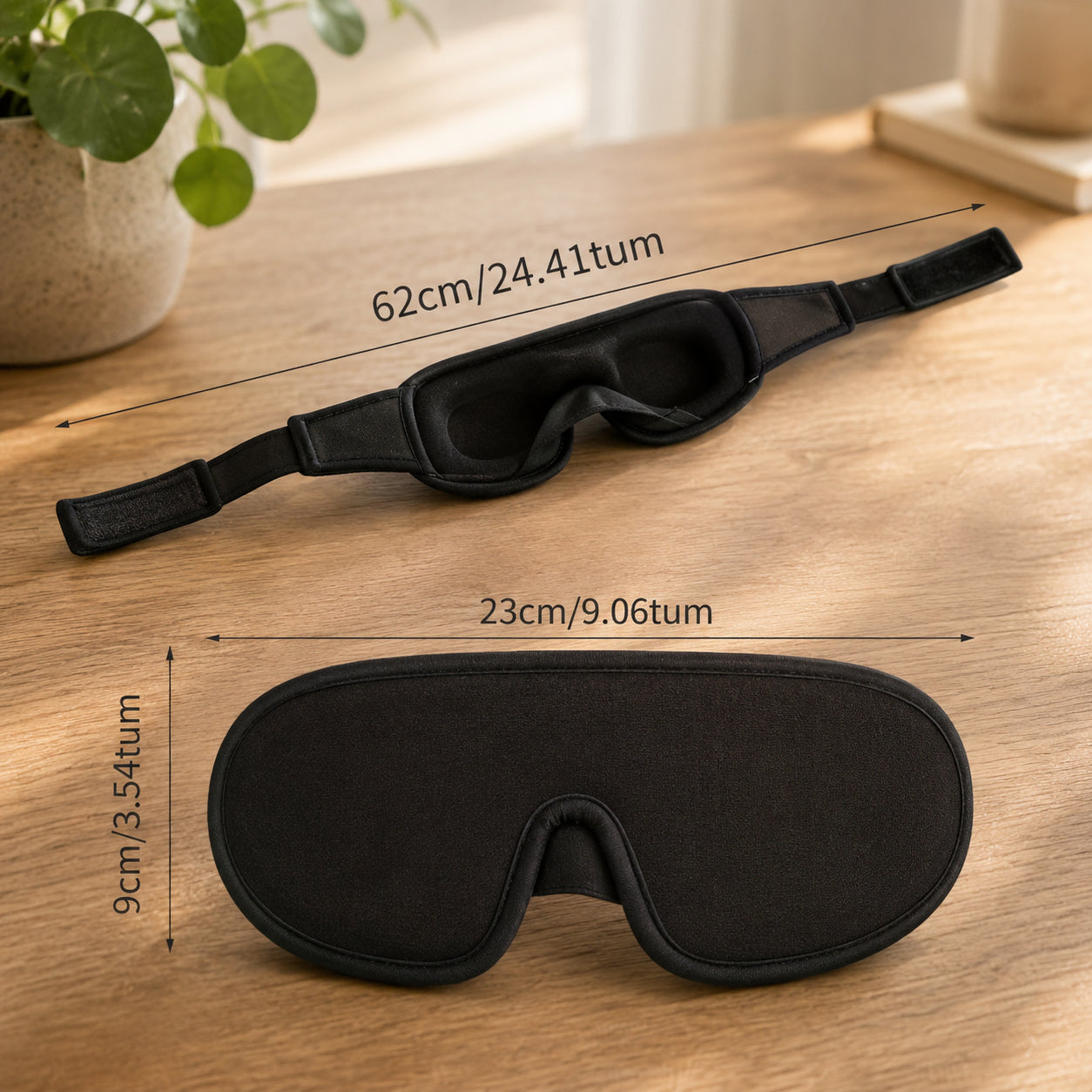 Storleksguide med mått för premium 3D-sovmask och justerbart huvudband.