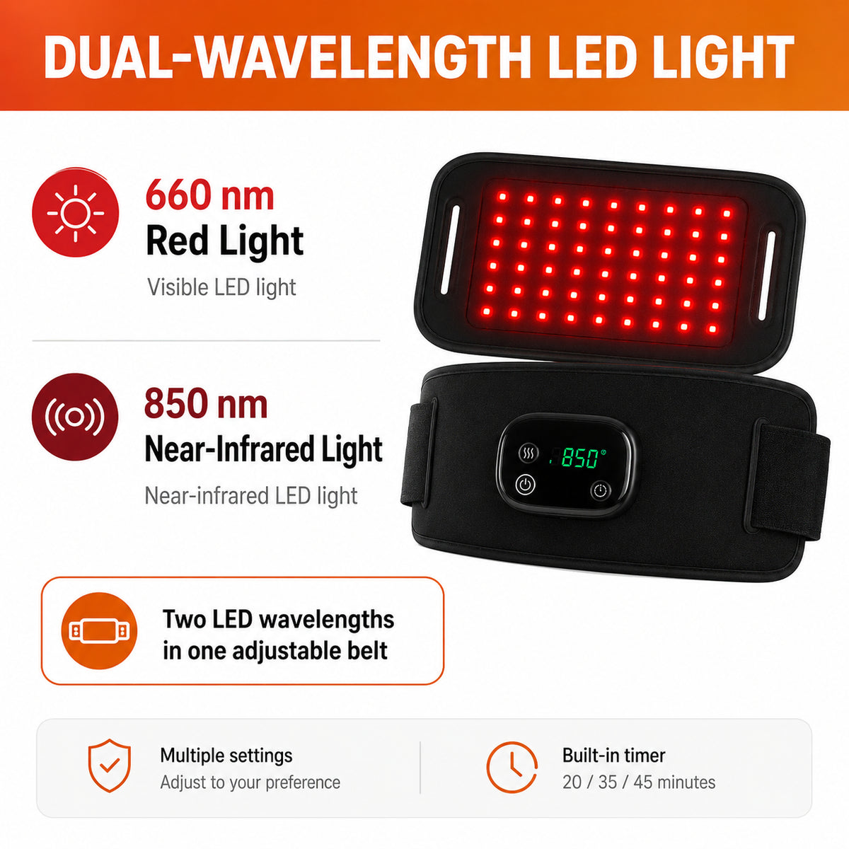 Rödljusbälte med LED-ljus i 660 nm och nära-infrarött ljus i 850 nm samt justerbar passform.