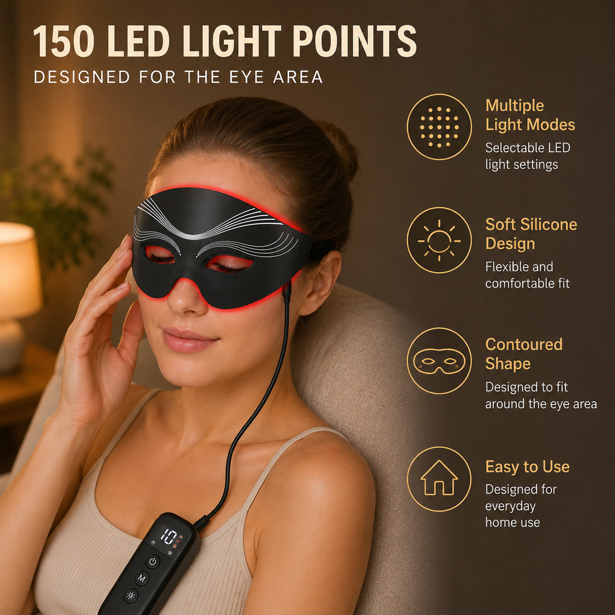 `Rödljusterapi ögonmask med 150 LED-ljuspunkter, flera ljuslägen och mjuk följsam design för användning hemma.