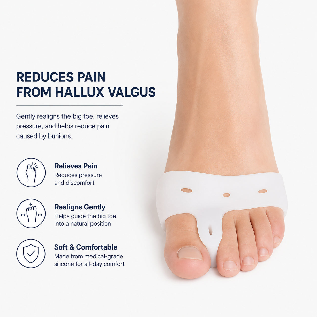 Hallux valgus-skydd i mjuk silikon som separerar stortån, minskar trycket mot stortåleden och ger bekväm avlastning hela dagen.