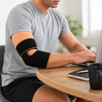 Man med stabiliserande armbågsstöd vid datorarbete