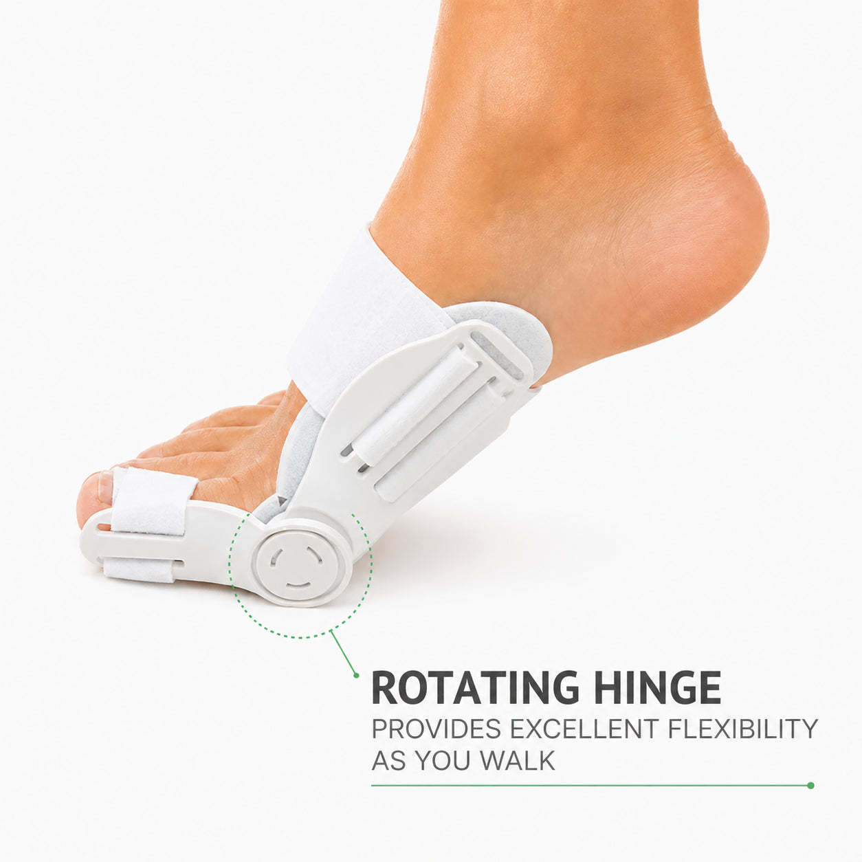 Hallux valgus-korrigerare med justerbar led som hjälper till att rikta stortån och ger stöd vid gång.