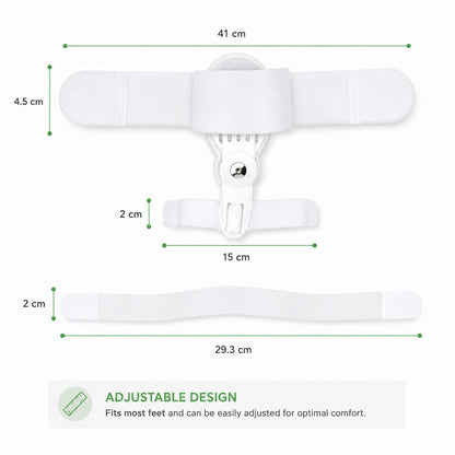 Storleksguide som visar mått och justerbar design för hallux valgus-korrigerare med ledad stortåsskena.