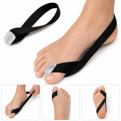 Tåseparator för hallux valgus med elastiskt korrigeringsband som hjälper till att rikta stortån och minska trycket mot stortåleden.