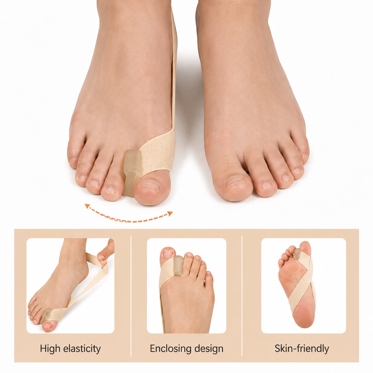 Tåseparator för hallux valgus med elastiskt korrigeringsband som hjälper till att rikta stortån och minska trycket mot stortåleden.