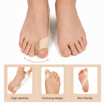 Tåseparator för hallux valgus med elastiskt korrigeringsband som hjälper till att rikta stortån och minska trycket mot stortåleden.
