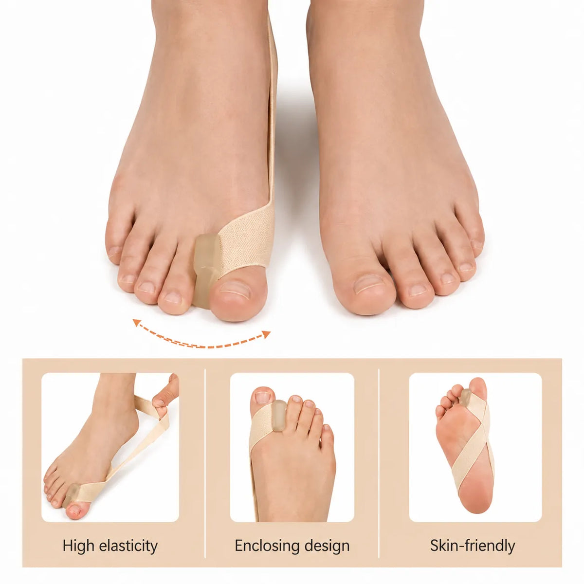 Tåseparator vid hallux valgus med mjuk separatordel och elastiskt band för justerbar och bekväm passform.