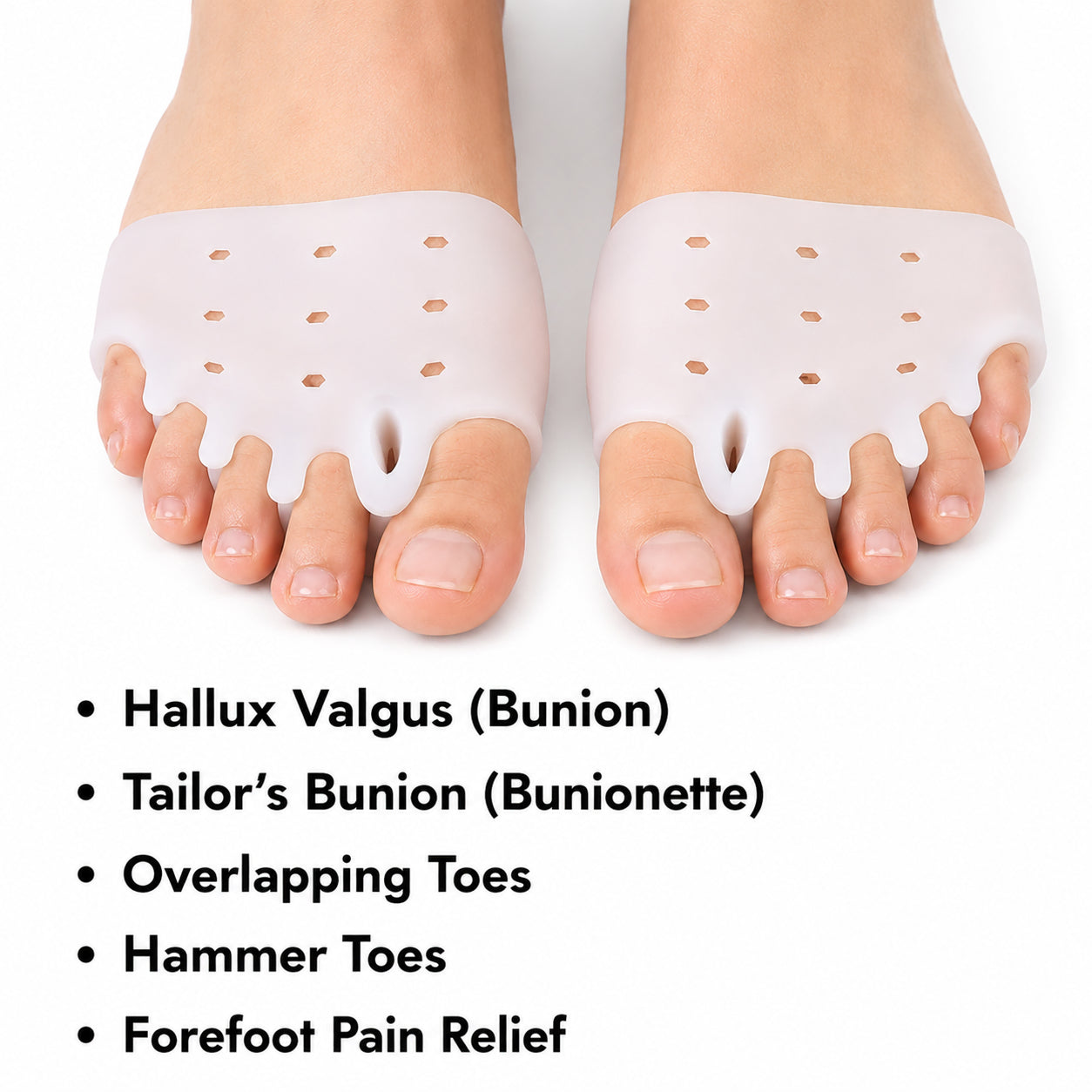 Mjuk silikon-tåseparerare med fem tåöglor som hjälper till att räta ut tårna, minska tryck vid hallux valgus och avlasta framfoten.