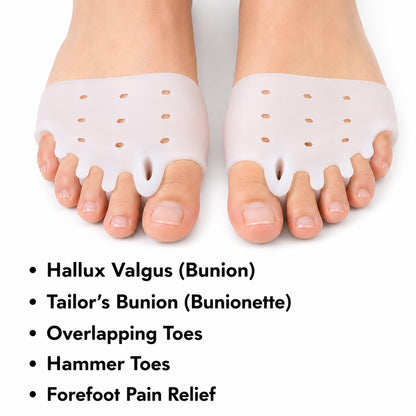 Mjuk silikon-tåseparerare med fem tåöglor som hjälper till att räta ut tårna, minska tryck vid hallux valgus och avlasta framfoten.