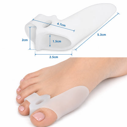 Storleksguide för hallux valgus-skydd i silikon med produktmått samt exempel på hur skyddet bärs på foten.
