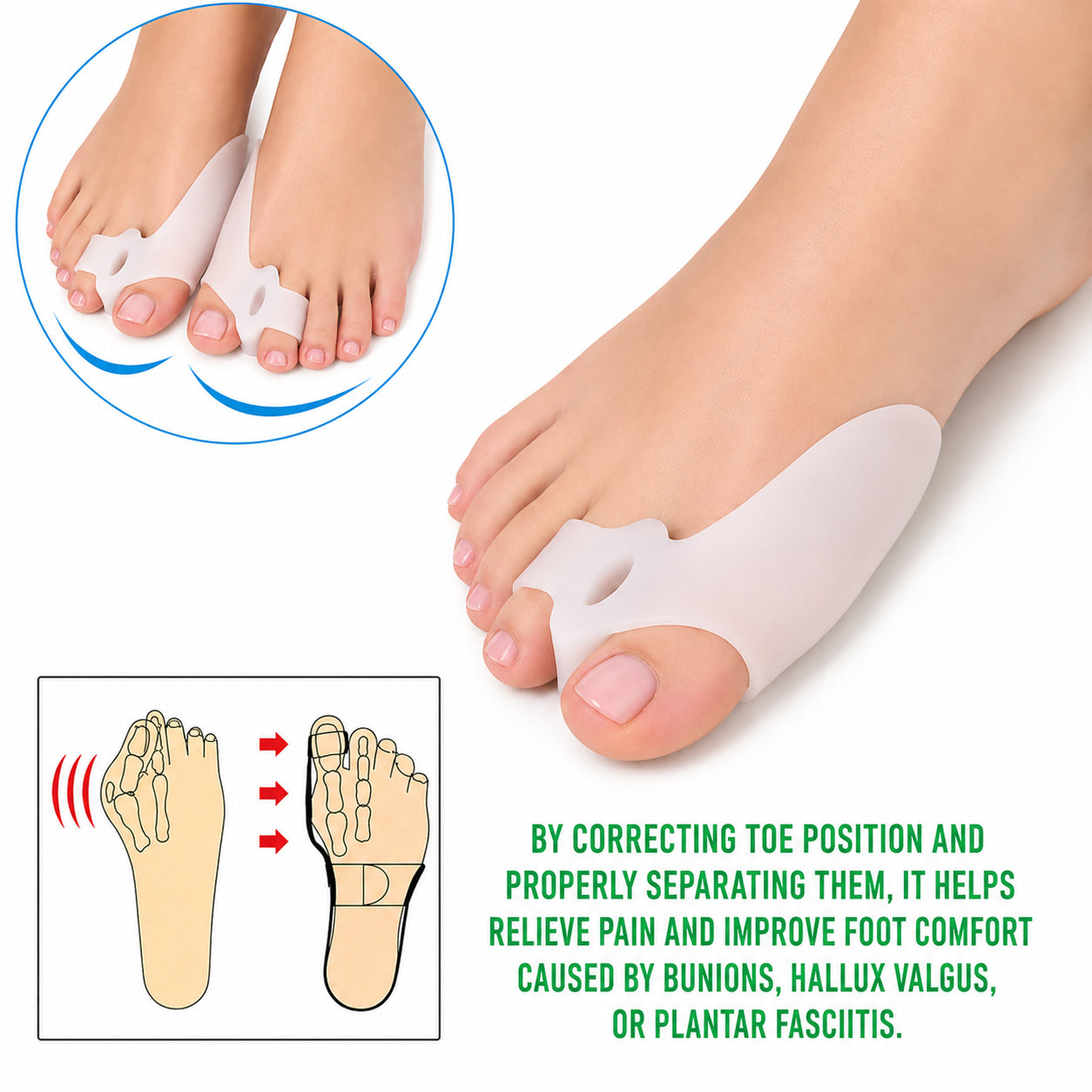 Hallux valgus-skydd i mjuk silikon som separerar stortån, skyddar stortåleden och hjälper till att minska tryck och friktion vid daglig användning.