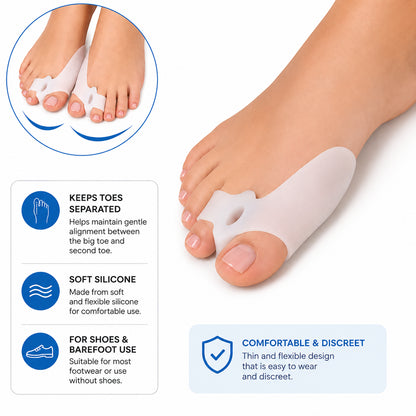 Tåspridare i silikon vid hallux valgus med mjuk och flexibel design som håller stortån och intilliggande tå separerade.