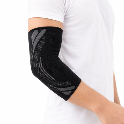 Svart armbågsstöd med kompression som ger stabilitet och stöd vid tennisarmbåge, träning och vardaglig aktivitet.