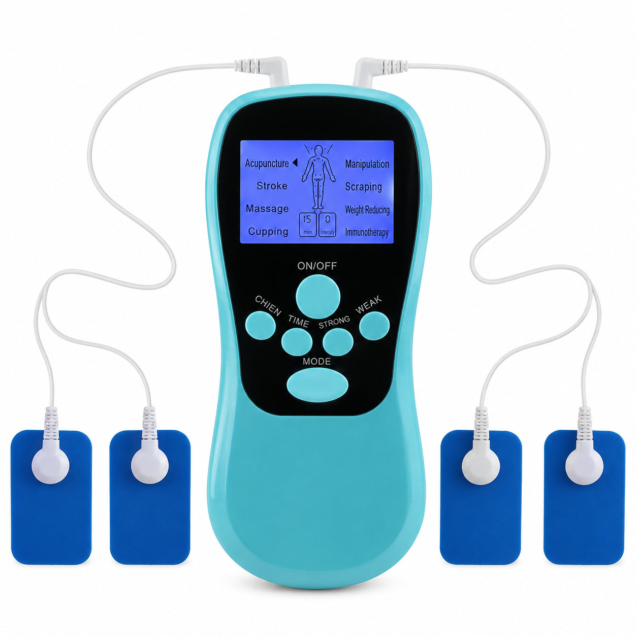 TENS/EMS-massageapparat med fyra elektrodkuddar för muskelstimulering, smärtlindring och avslappning.