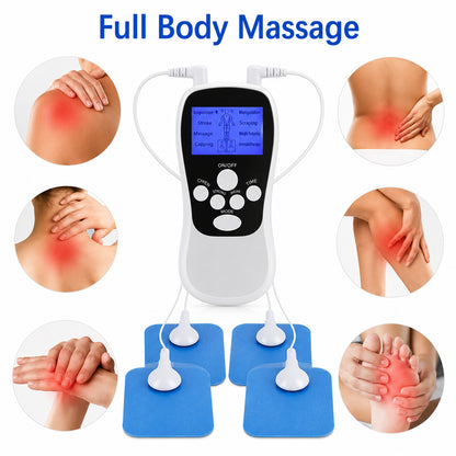 TENS/EMS-massageapparat med fyra elektrodkuddar för muskelstimulering och smärtlindring i hela kroppen.