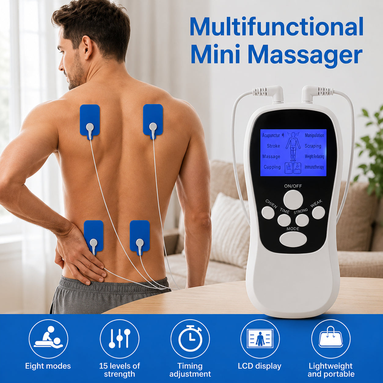 Man använder en TENS/EMS-massageapparat med fyra elektrodkuddar på ryggen för muskelstimulering och smärtlindring.