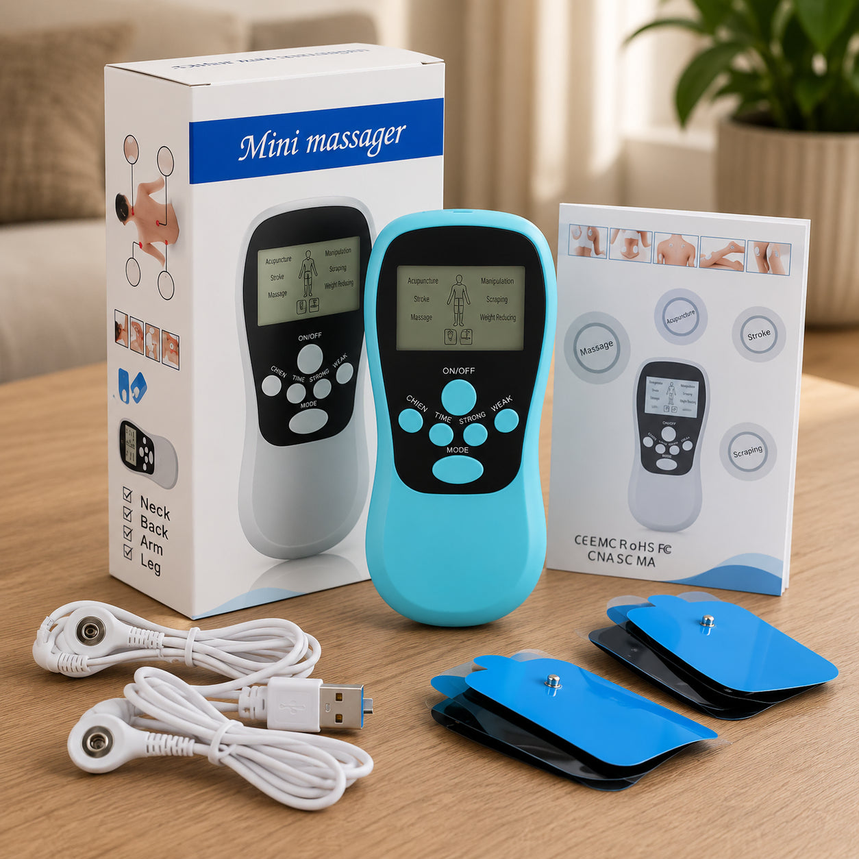 TENS/EMS-massageapparat med elektrodkuddar, laddkablar, manual och förpackning för muskelstimulering och smärtlindring.