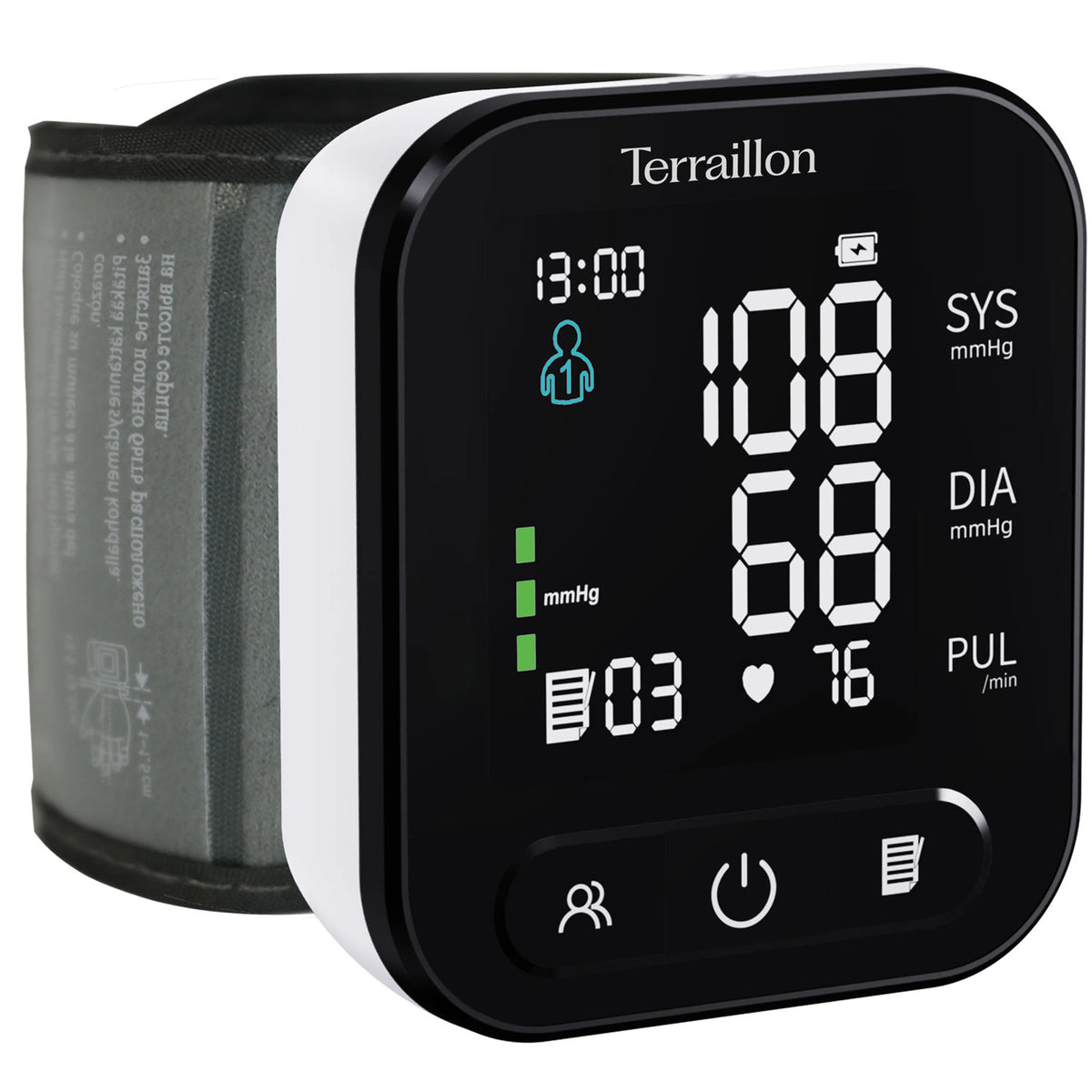 Terraillon TP251 framifrån med bakgrundsbelyst display som visar SYS, DIA och puls