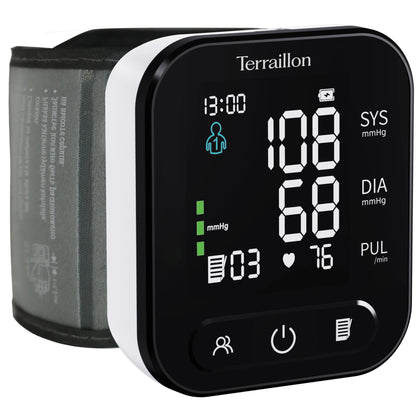 Terraillon TP251 framifrån med bakgrundsbelyst display som visar SYS, DIA och puls