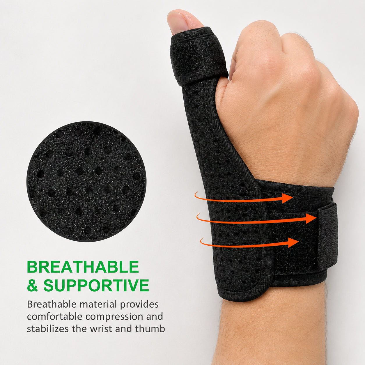 Tumortos i ventilerande material som stabiliserar tummen och handleden, ger kompression och avlastar vid smärta eller skada.