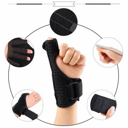 Tumstöd med ventilerande material, justerbara remmar och stabiliserande skena för stöd och avlastning av tumme och handled.