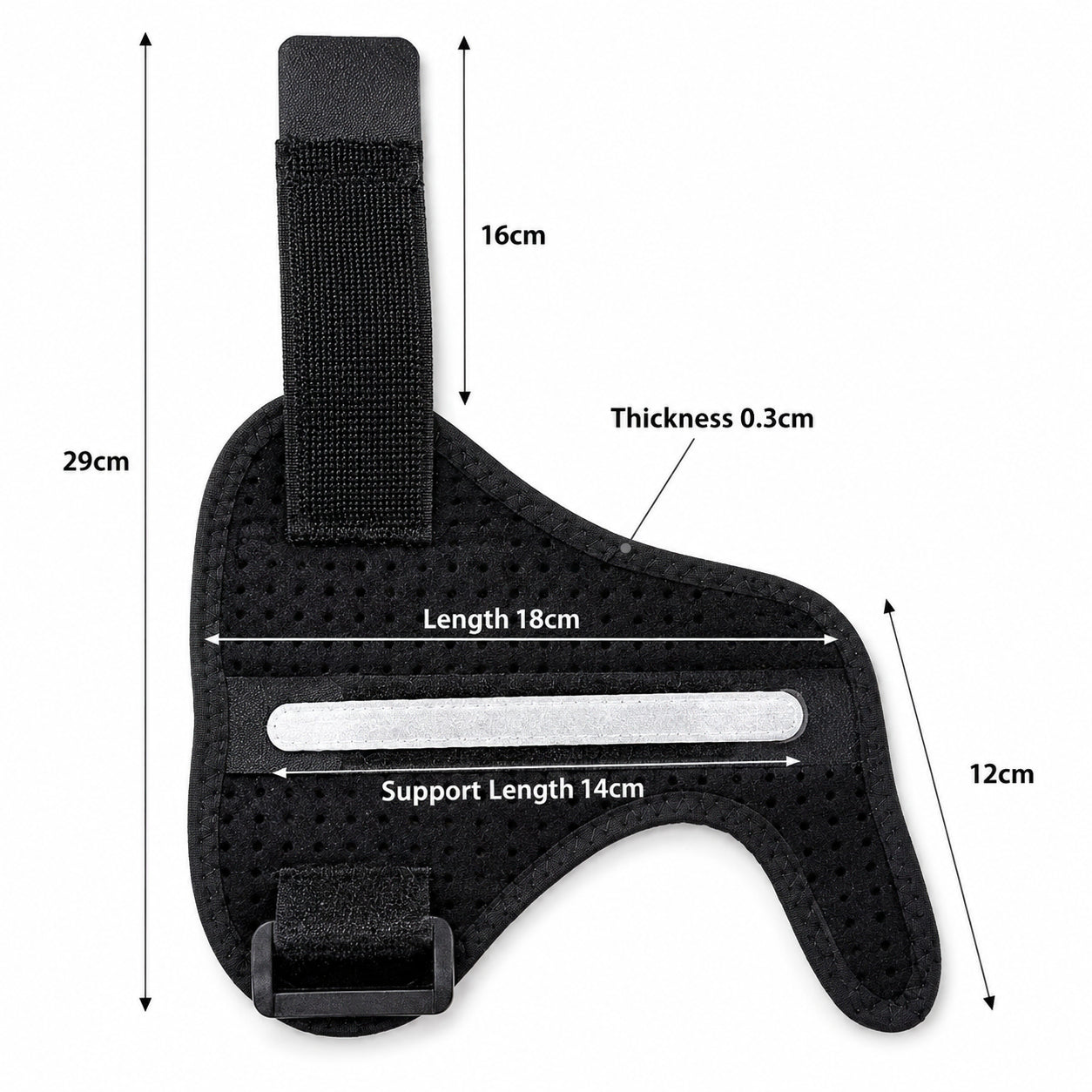 Tumstöd med måttangivelser som visar design, passform och stabiliserande skena för tumme och handled.