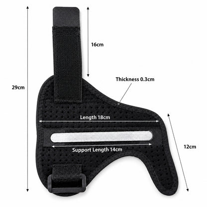 Tumstöd med måttangivelser som visar design, passform och stabiliserande skena för tumme och handled.
