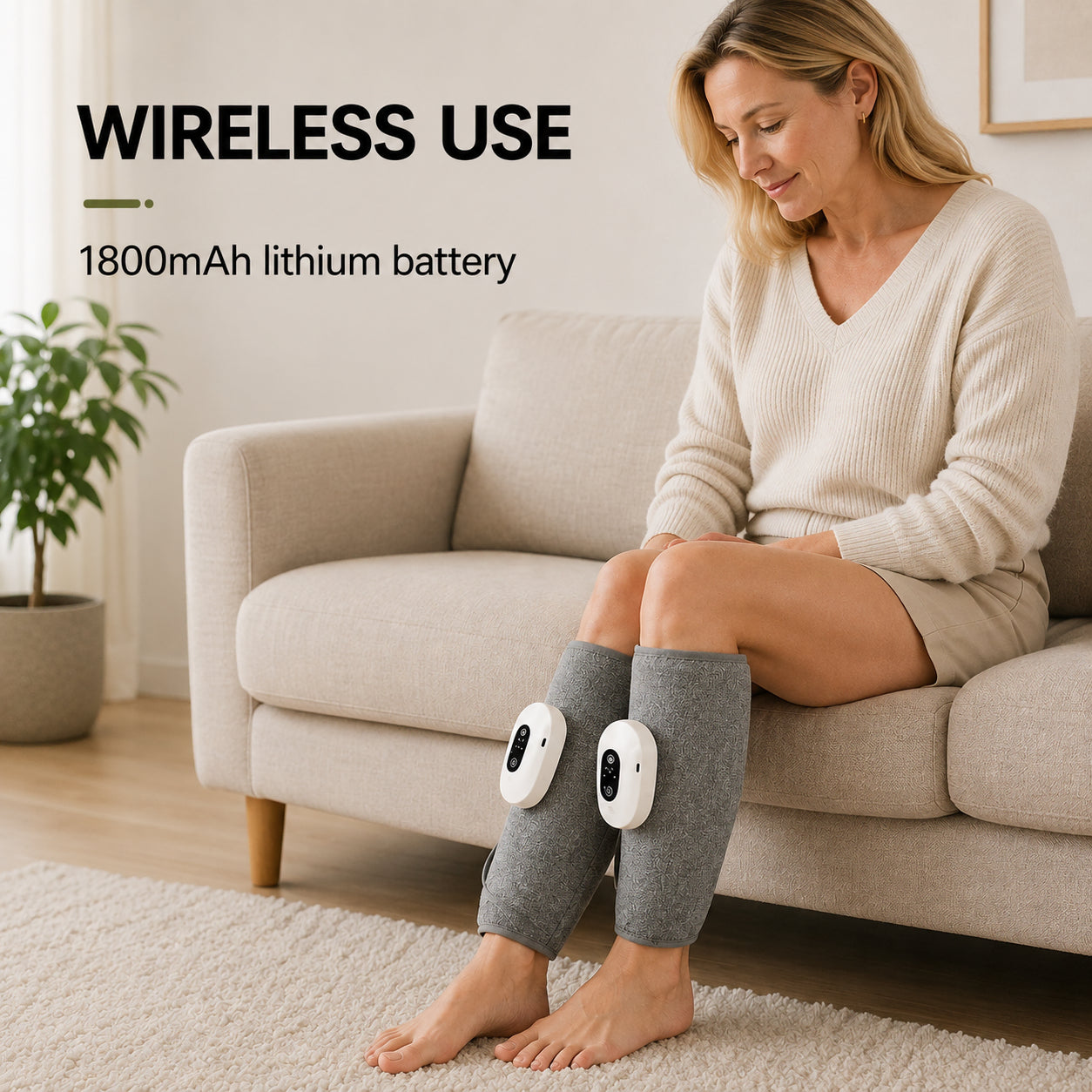 Trådlös vadmassage med kompressionsteknik och uppladdningsbart 1800 mAh litiumbatteri för användning hemma.
