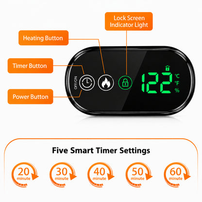 Kontrollpanel för värmekrage med knappar för värme, timer och ström samt fem valbara timerinställningar.